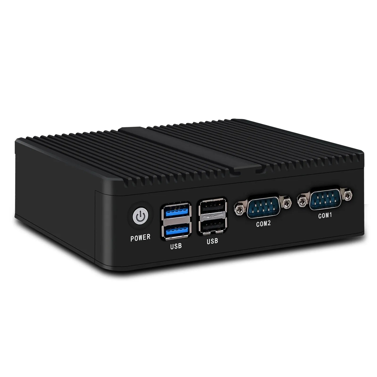 Industrial fanless mini-host measuring 13.6x12.7x4cm with dual-network ports and compact metal chassis