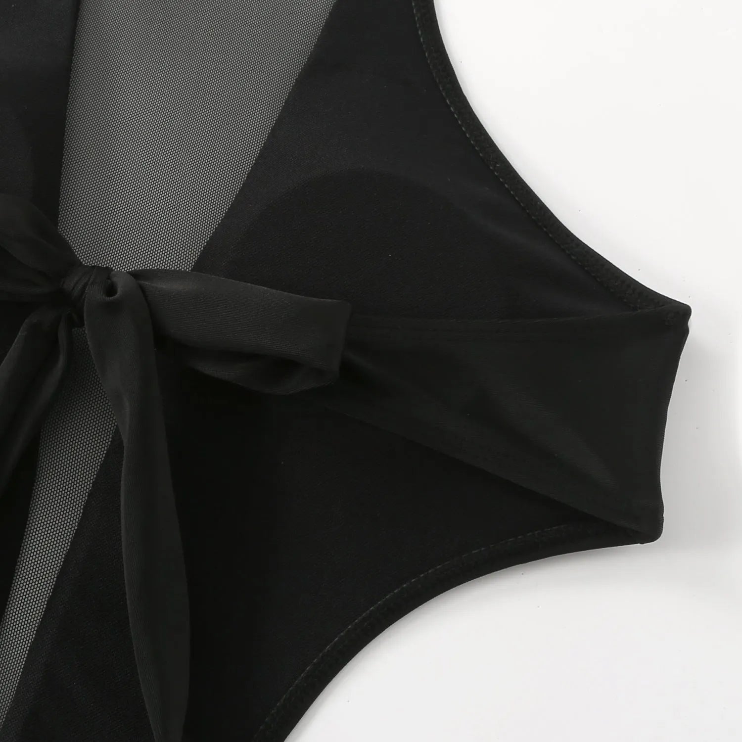 Black one-piece swimsuit for women with an open back design and hollow-out detailing on the straps