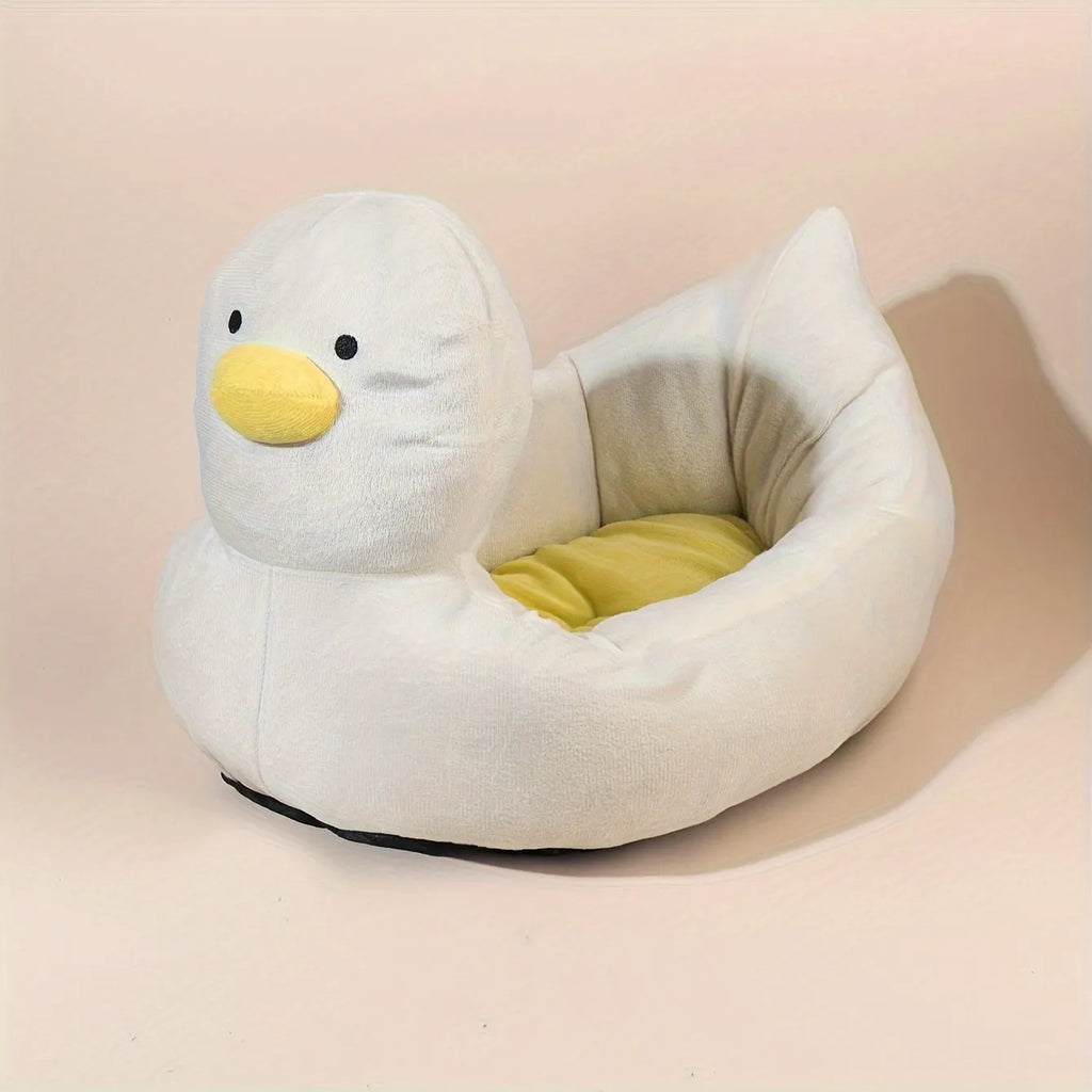 Duck-shaped pet bed sofa with fluffy polyester material in blue or white colour, showing raised sides and unique pattern design