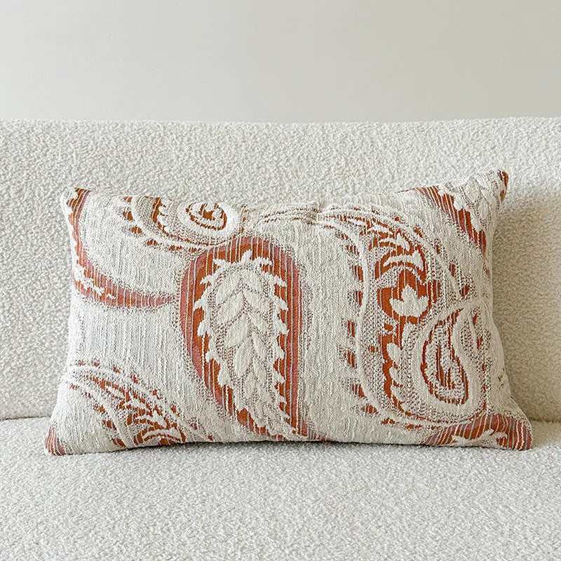 American-style yarn-dyed jacquard sofa cushion with paisley pattern in amber colour, dimensions 45x45cm and 30x50cm