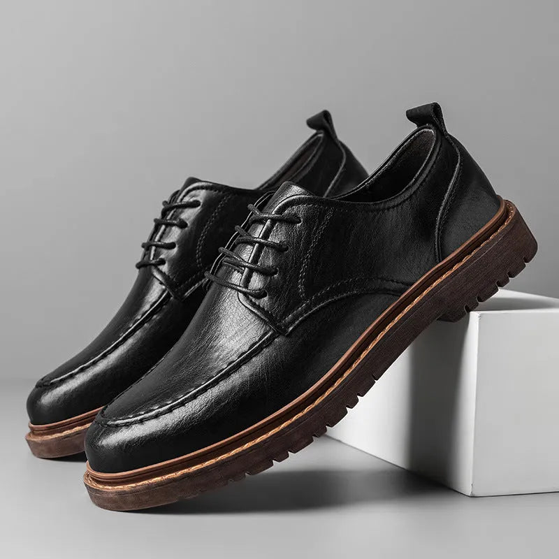 Black and brown tooling casual leather shoes with round toe and flat rubber sole