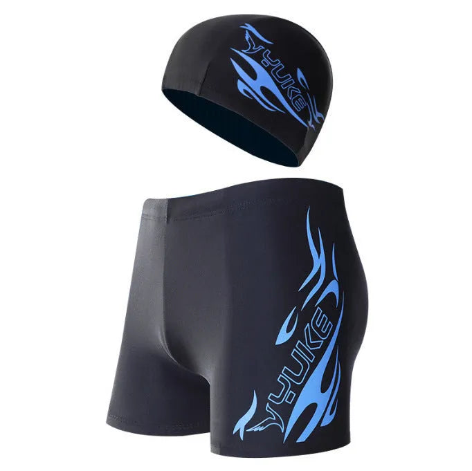 Men's boxer swimming trunks with fire pattern design in plus sizes L to 5XL, made from 100% polyester