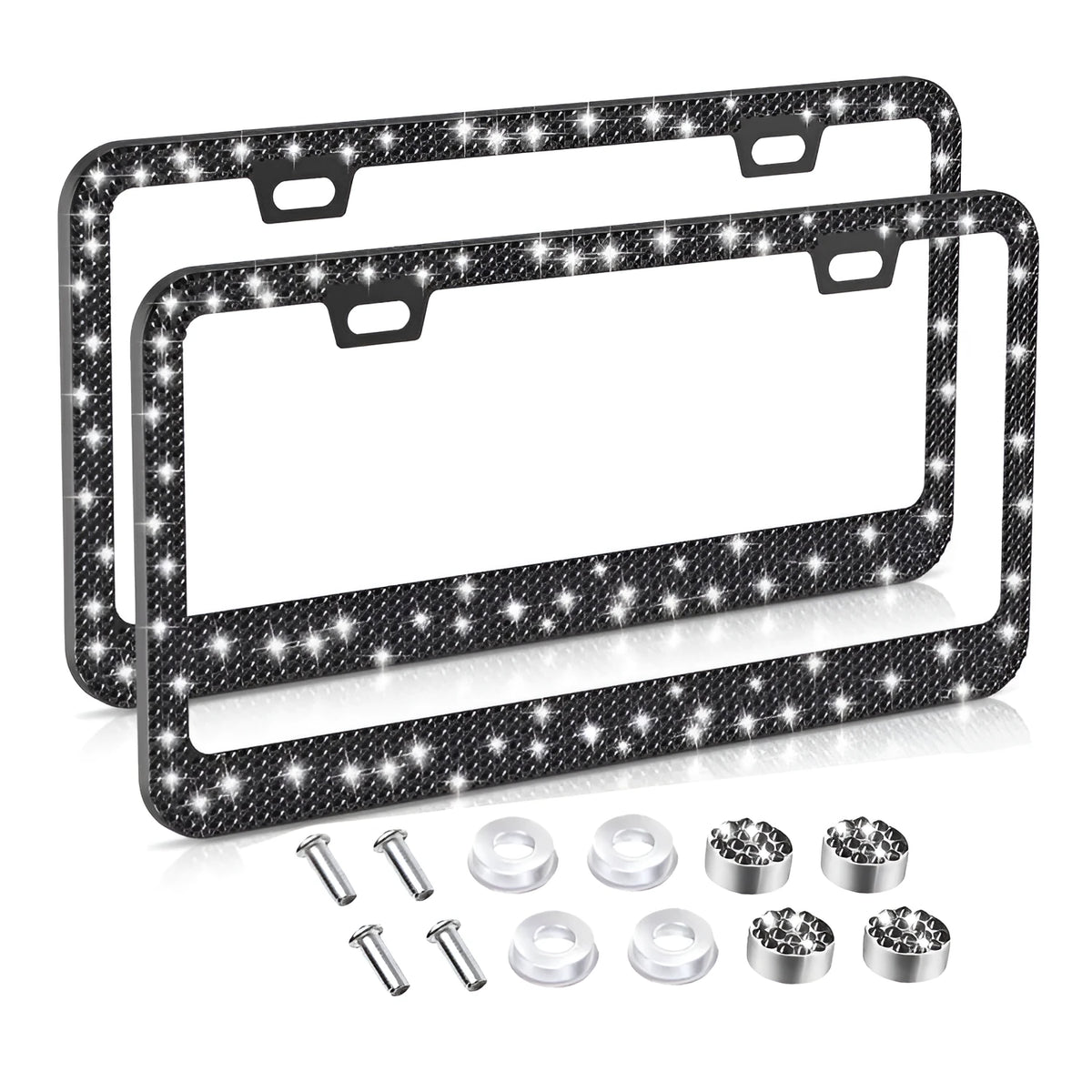 Diamond-studded stainless steel license plate frame, US standard 160 x 310 mm, in white, black, or AB colour