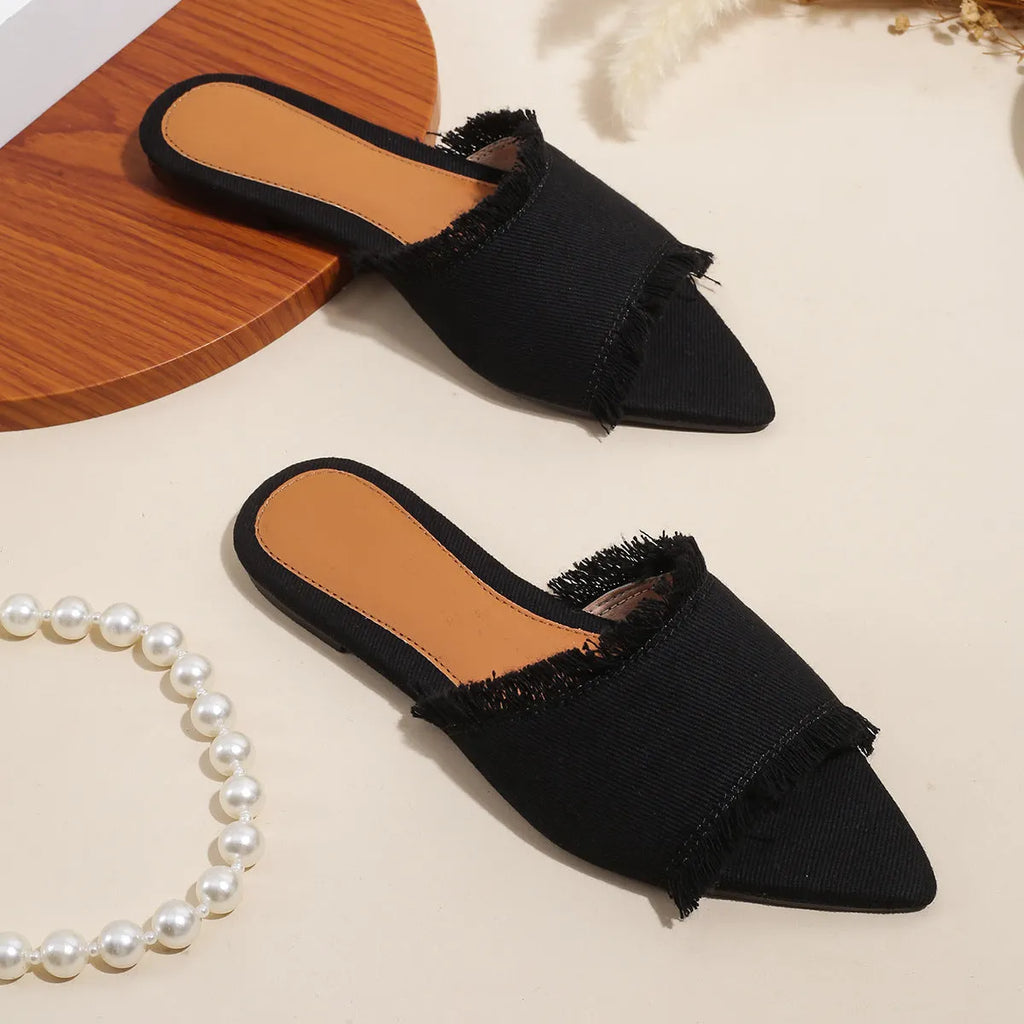 Women's denim flat slippers with tassel detail and leather lining in apricot colour