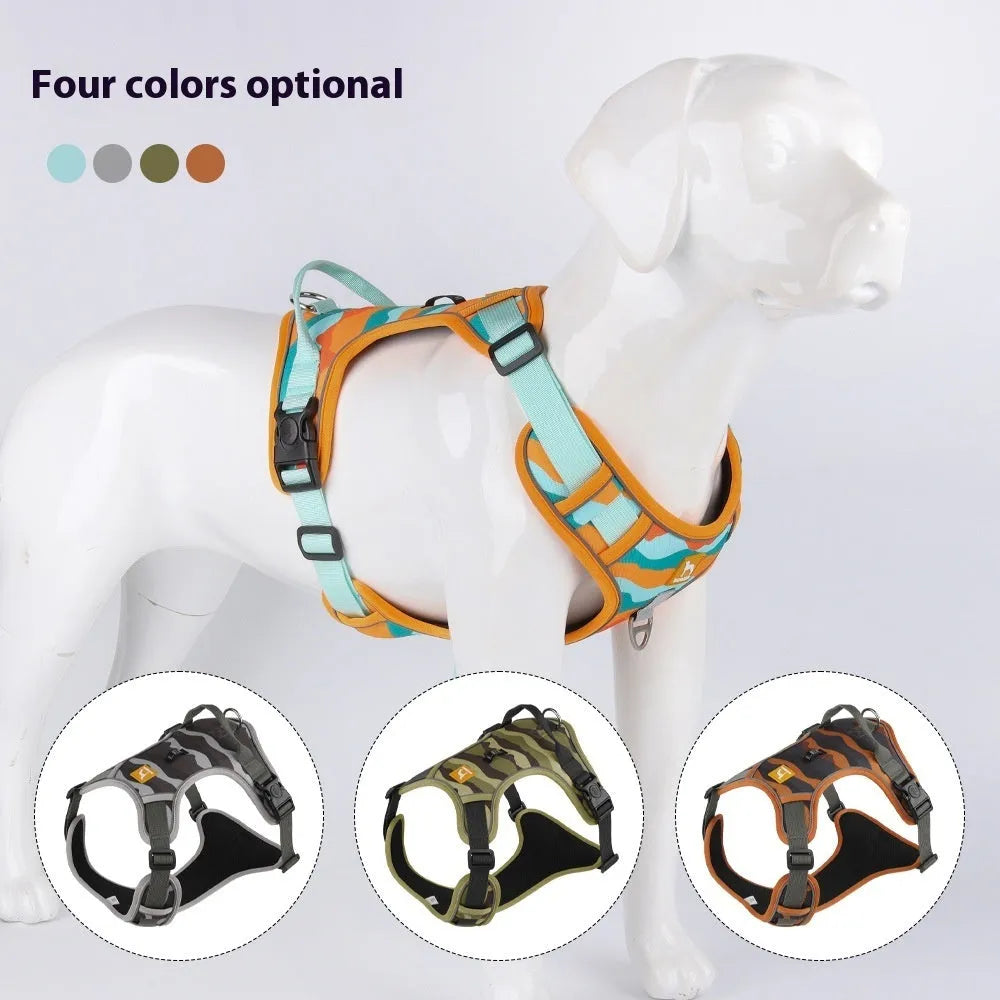 Adjustable dog harness with reflective strips on Oxford cloth, available in orange, army green, grey, and chocolate colours.