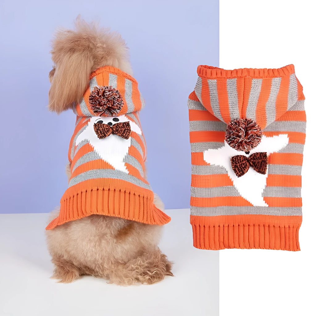 Orange Halloween pet sweater with striped pattern and hooded fur ball design for dogs and cats