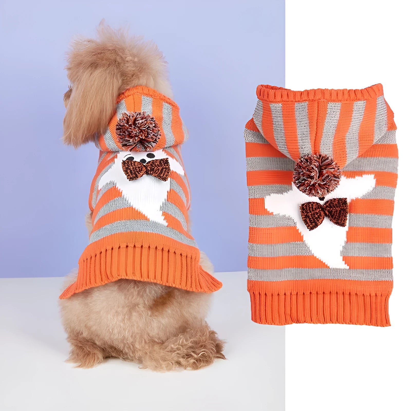 Orange Halloween pet sweater with striped pattern and hooded fur ball design for dogs and cats