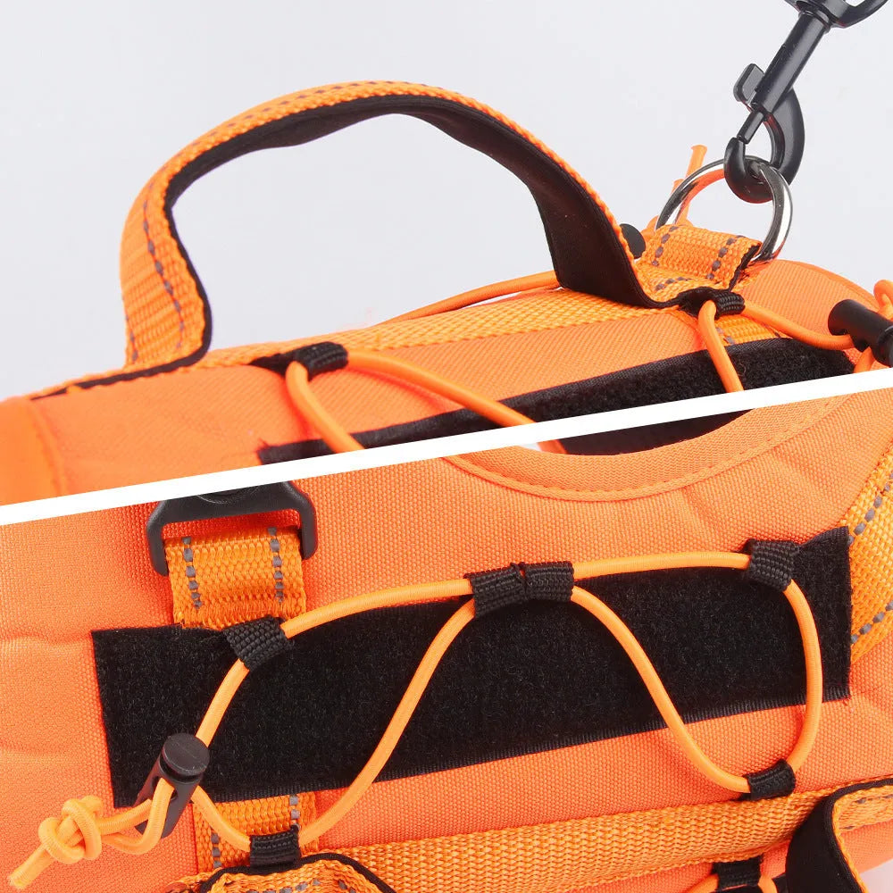 Reflective dog vest in orange with explosion-proof breast strap and hand-holding rope, adjustable for various dog sizes