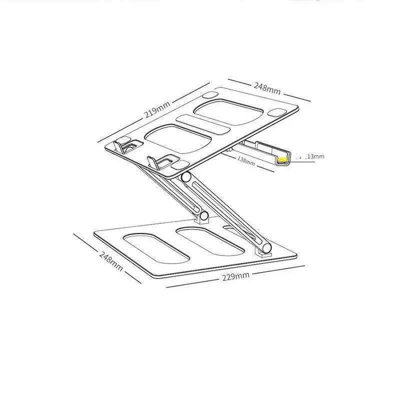 Adjustable metal laptop stand in silver or dark grey, aluminium alloy and silicone, 260x248x35mm, 340mm lift