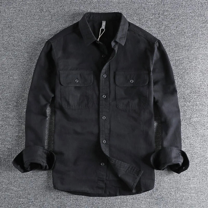 Men's long sleeve overalls shirt in cardigan style, loose fit, colours light grey black khaki green