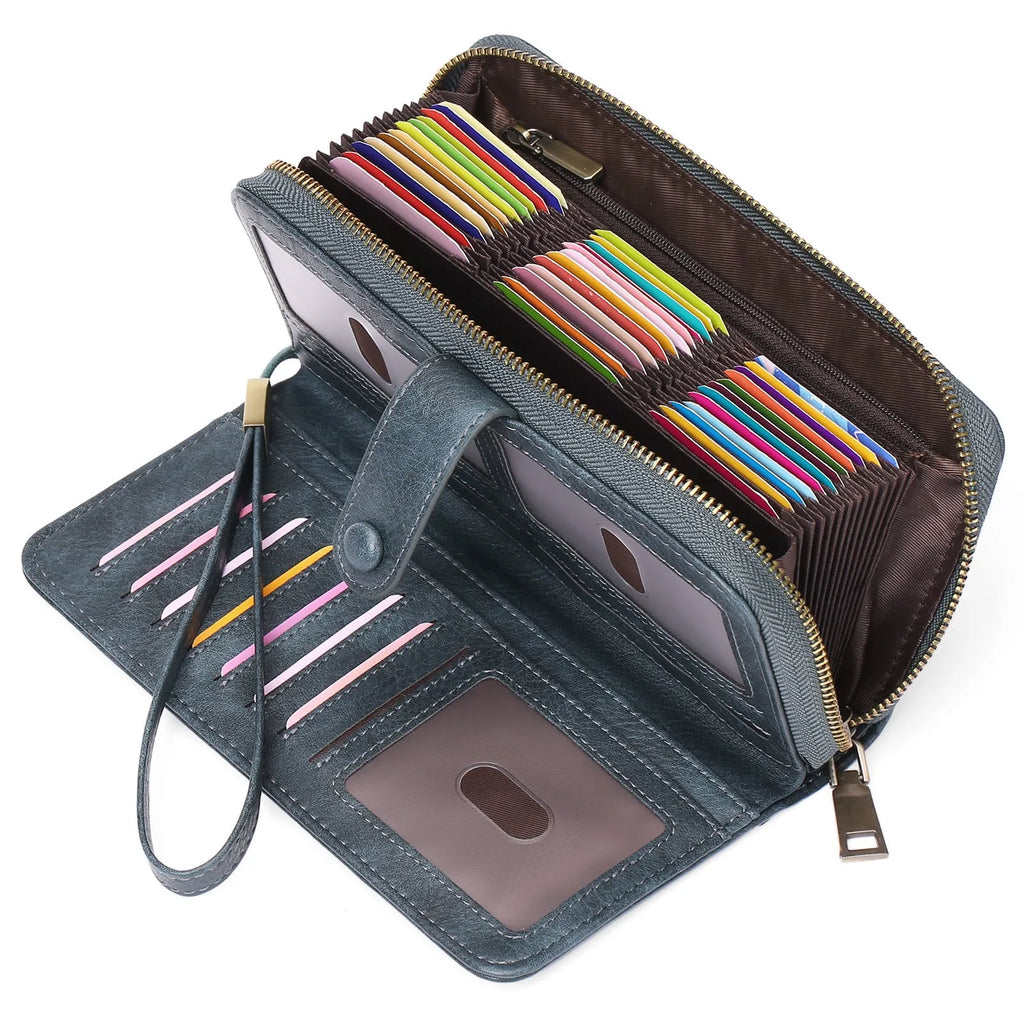Women's expanding card holder wallet in light brown showing multiple card slots and passport sleeve
