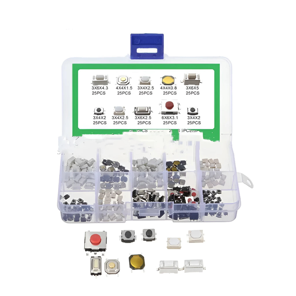 Box containing 250 SMT surface mount patch button switches for electronics assembly.