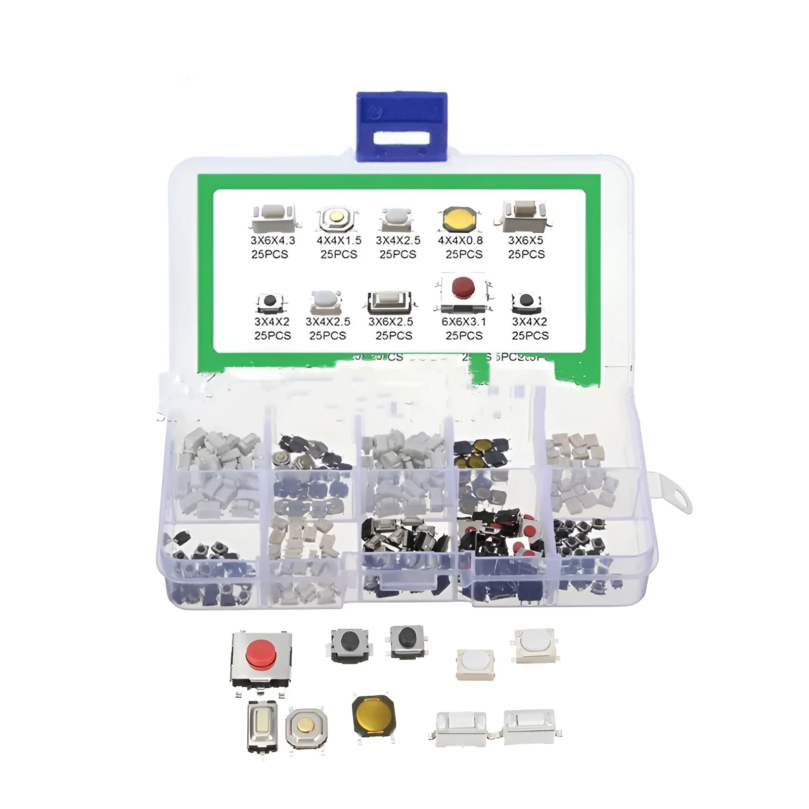Box containing 250 SMT surface mount patch button switches for electronics assembly.