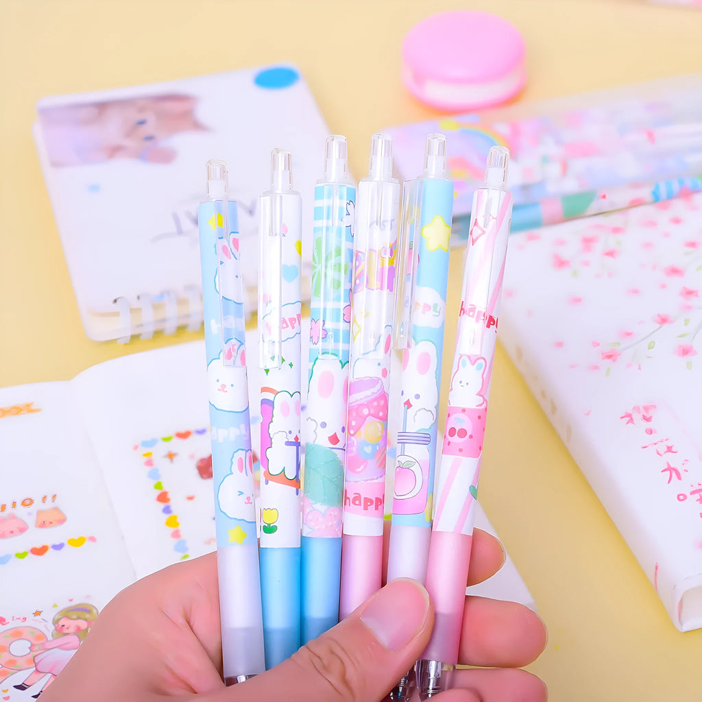 Six black ink signature pens with 0.5mm tips and cartoon bunny designs