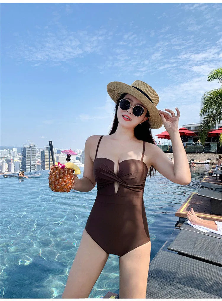 Ins Style women's solid colour one-piece swimsuit with push-up design and spaghetti straps