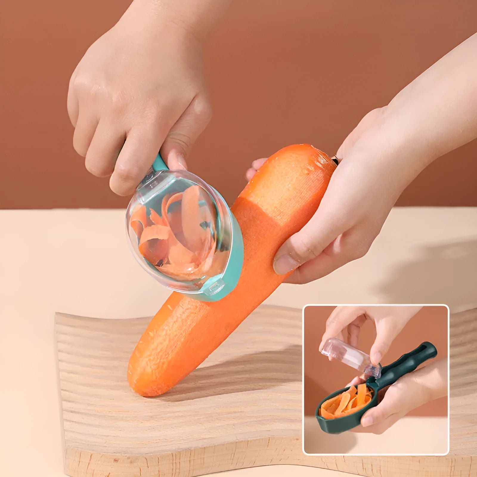 Yellow peeling knife with attached plastic storage lid for fruit and potato peelings