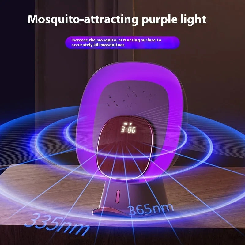 Wireless rechargeable mosquito killer lamp with ABS shell, clock, ambience light, and phone charging, 16.9 x 11.1 x 20.5 cm