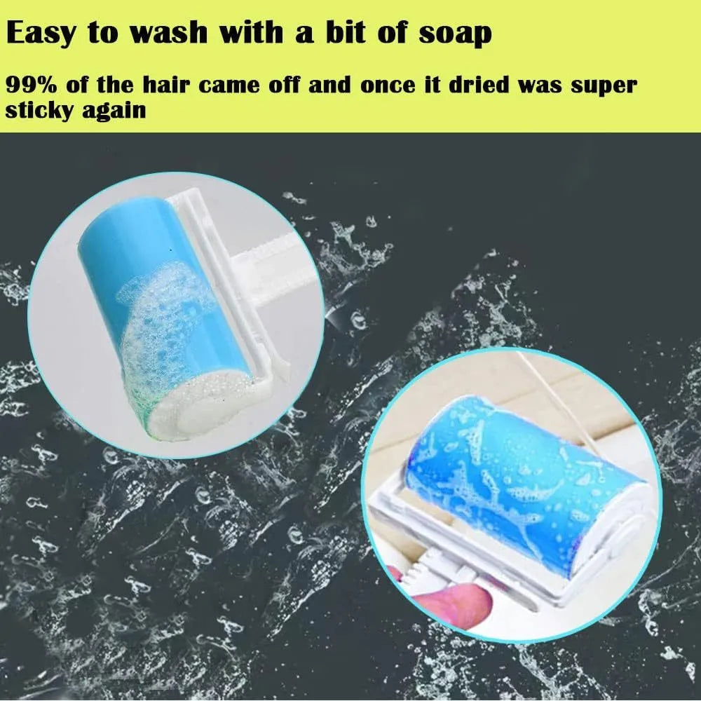 Washable lint roller in blue, green, pink, or yellow with cover, dimensions 17x10x4cm