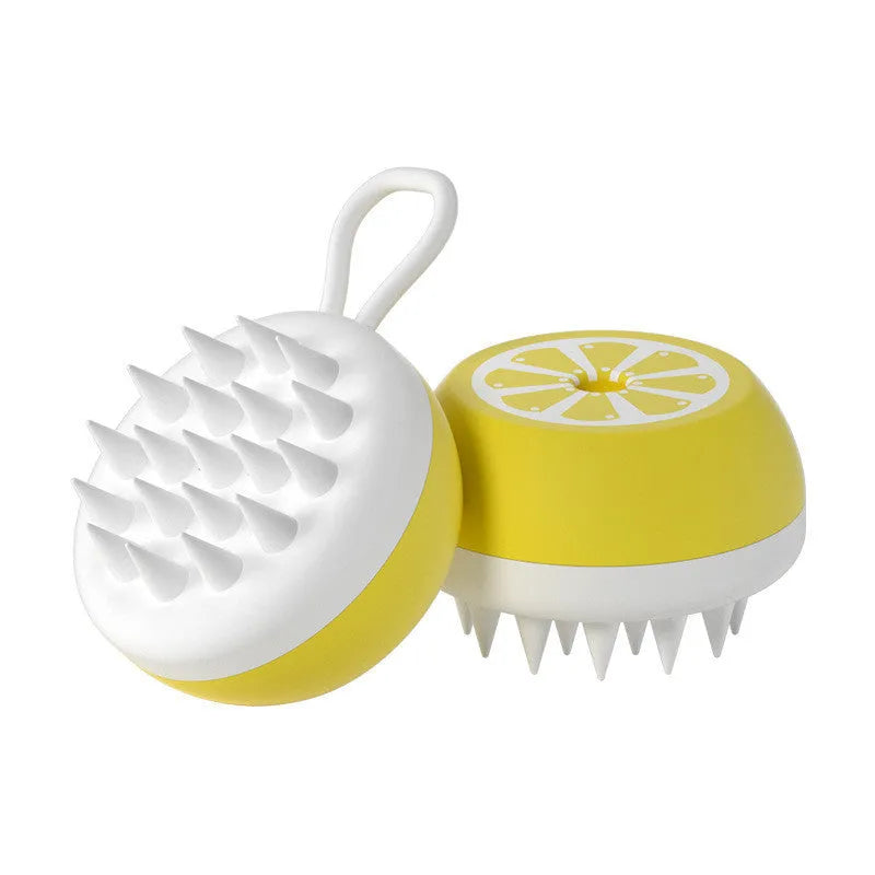Yellow silicone pet bath brush with 3D massage head and combed section for dog cat grooming