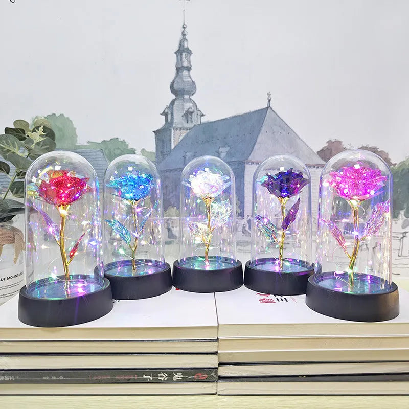 Glass cover small night lamp with plastic flowers, 15cm height, available in 16 colour options