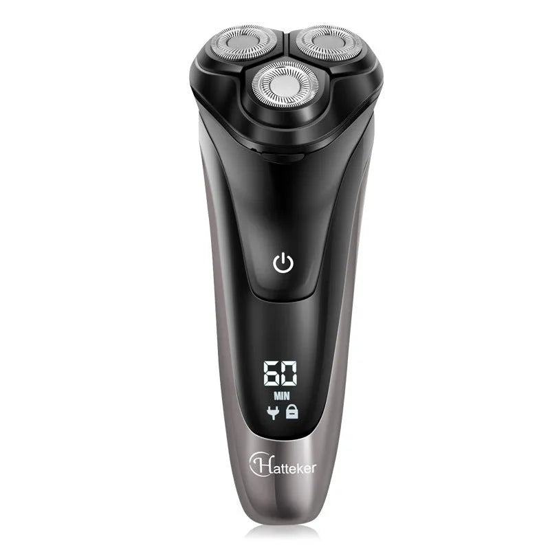 RSCX-7571 men's electric shaver with USB cable, pop-up trimmer, and cleaning brush on grey background