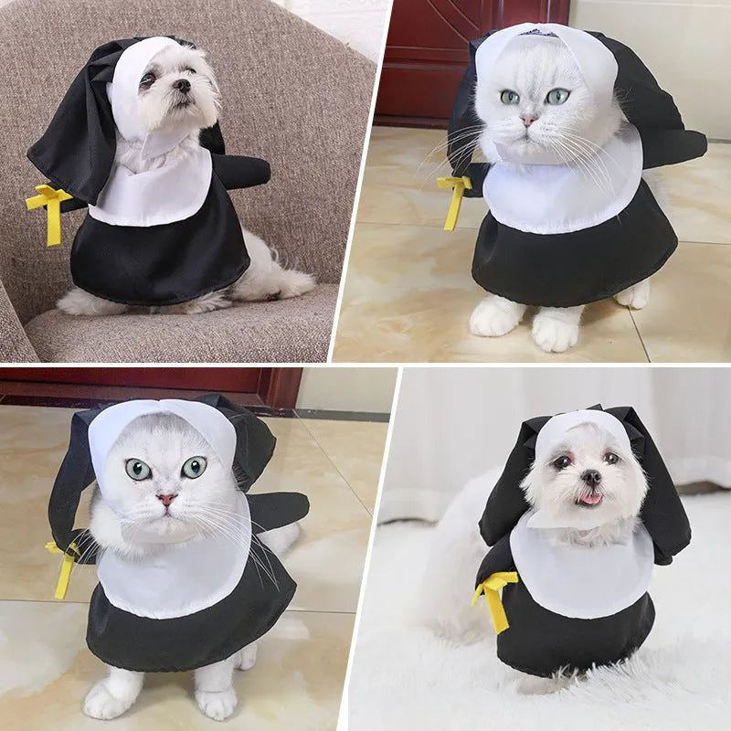 Black polyester nun costume for small pets with free size design for Halloween dressing