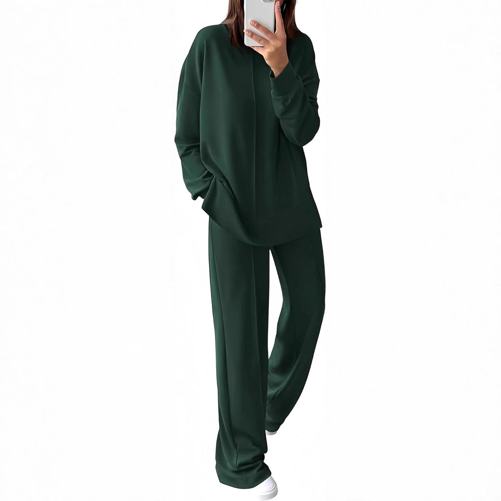 Women's polyester jogging suit set in Army Green, showing long-sleeve top and matching trousers.