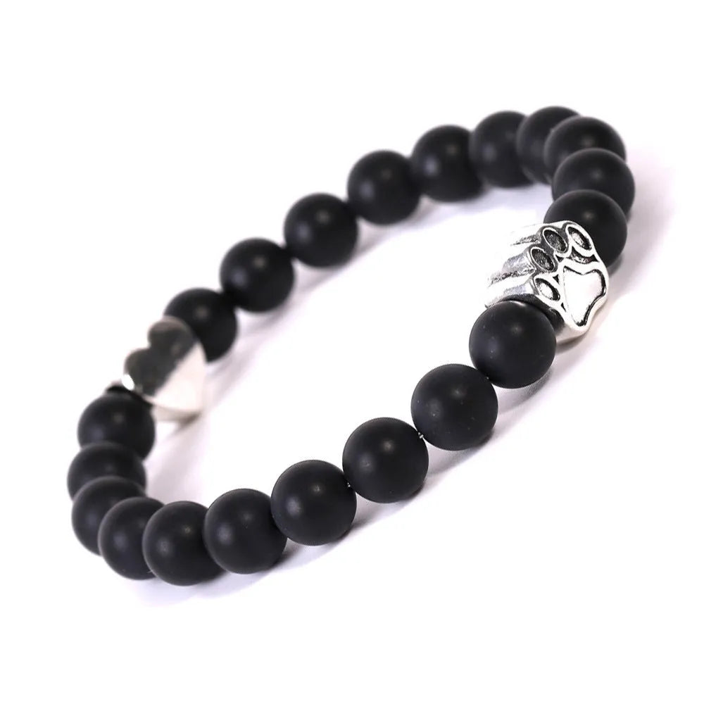 Tigereye Indian Agate stone bead bracelet with geometric shapes, dog's paw design and Peach Heart charm