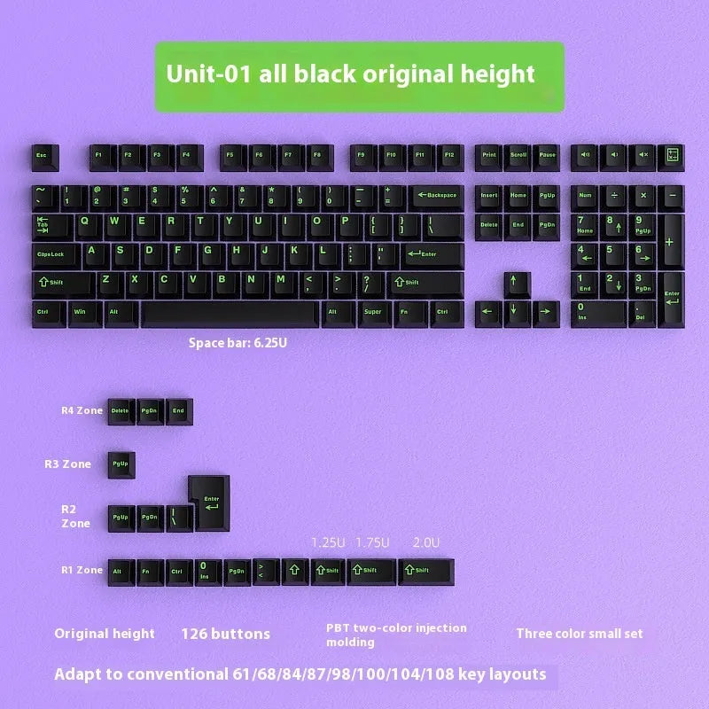 126-piece two-colour keycap set for 61 to 108 key mechanical keyboards, 290 x 160 x 30mm, black or purple