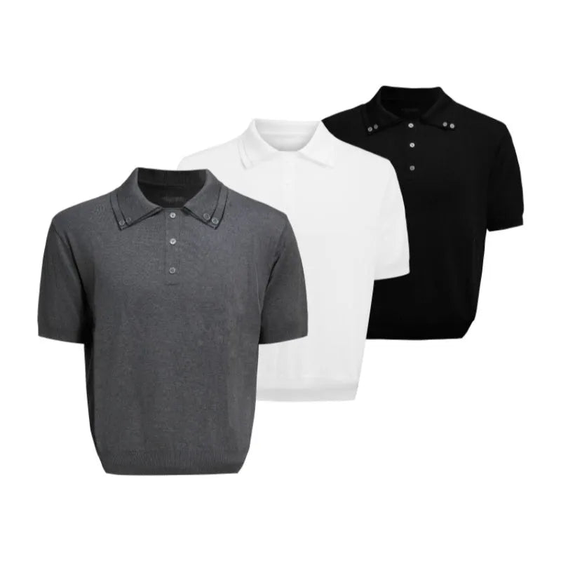 Men's black short-sleeved shirt with double collar design and slim knit fabric, laid flat.
