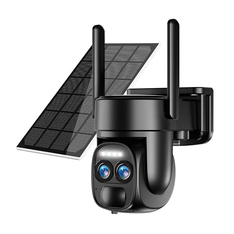 Solar-powered outdoor security camera with 8x zoom lens and solar panel on top, suitable for household monitoring