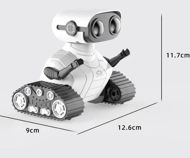 White plastic USB rechargeable remote control robot toy for children with handle remote, sound and light dancing, ages 7-14.