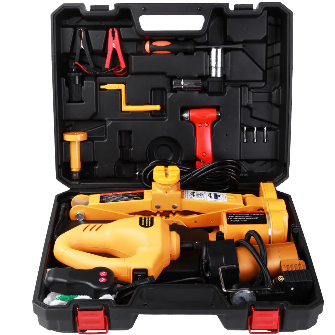 Yellow steel electric car jack and impact wrench set for 12V tyre changes