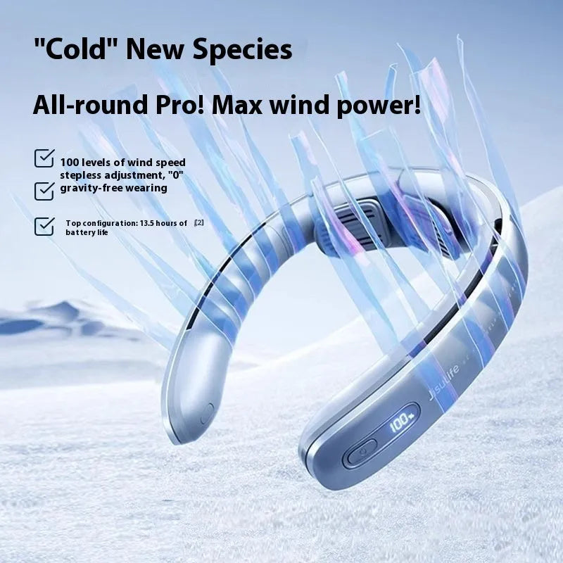 Silver grey portable neck fan with no-blade design and USB charging cable.