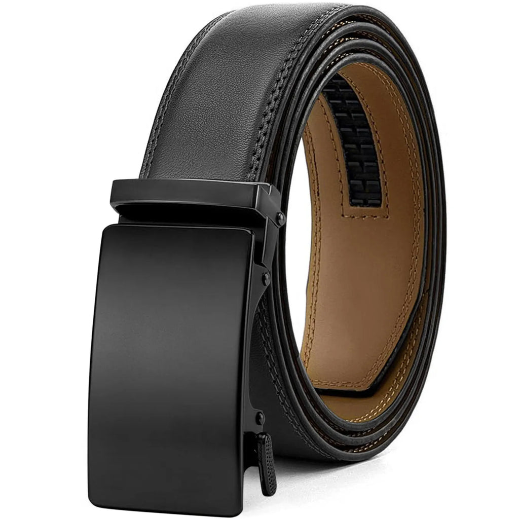 Men's PU leather belt with an automatic alloy buckle in an embossed finish.