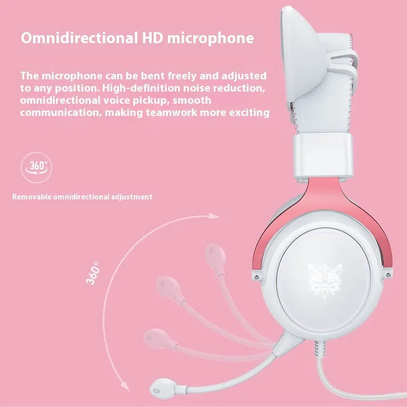 White cat ear wired gaming headset with 3.5mm plug, 50mm drivers, and 2.2m braided cable