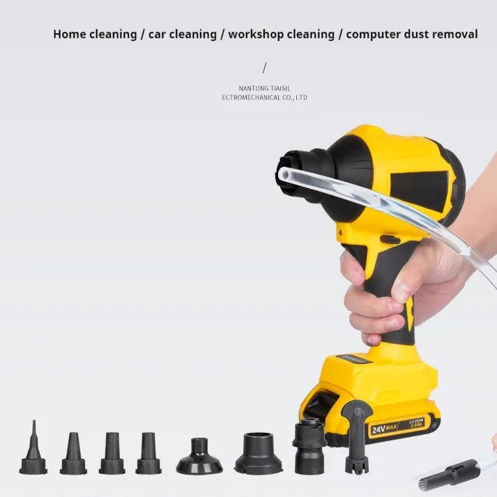 Yellow cordless dust gun with 680W power for office cleaning, showing blower nozzle and lithium battery operation
