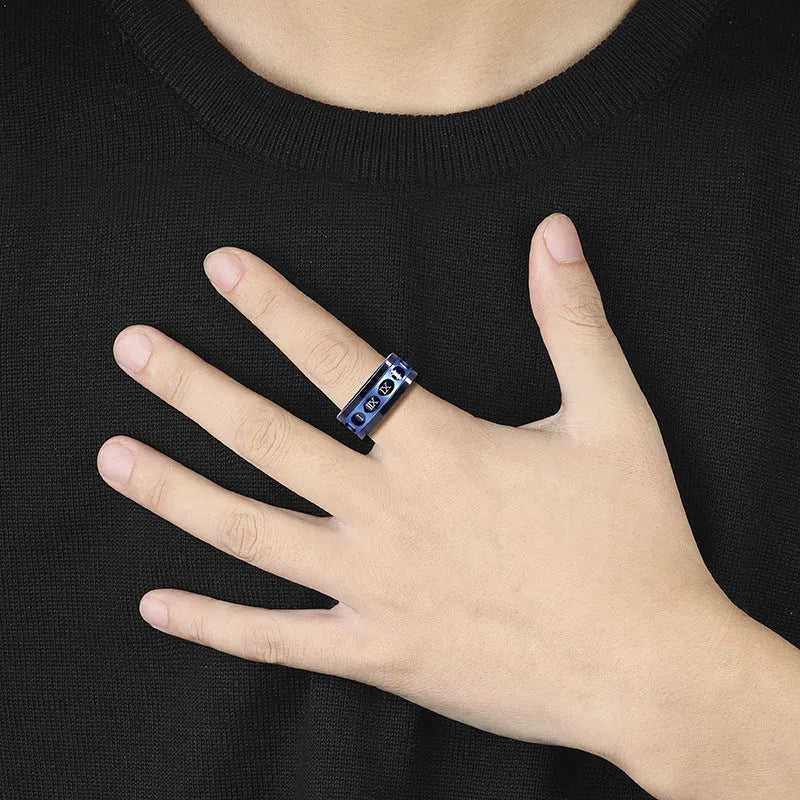 Titanium steel hip hop ring in blue or rose gold, polished metal band, sizes 7 to 11, 7g