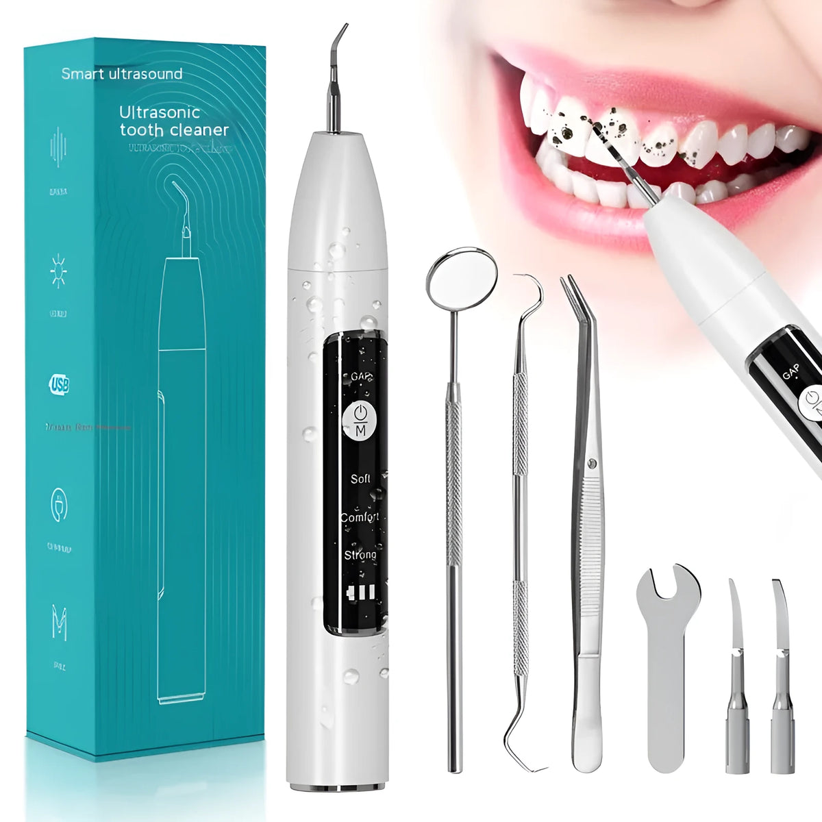 Ultrasonic dental cleaner with visual display, 30KHZ tracking, three cleaning modes, and 500mAh rechargeable battery.
