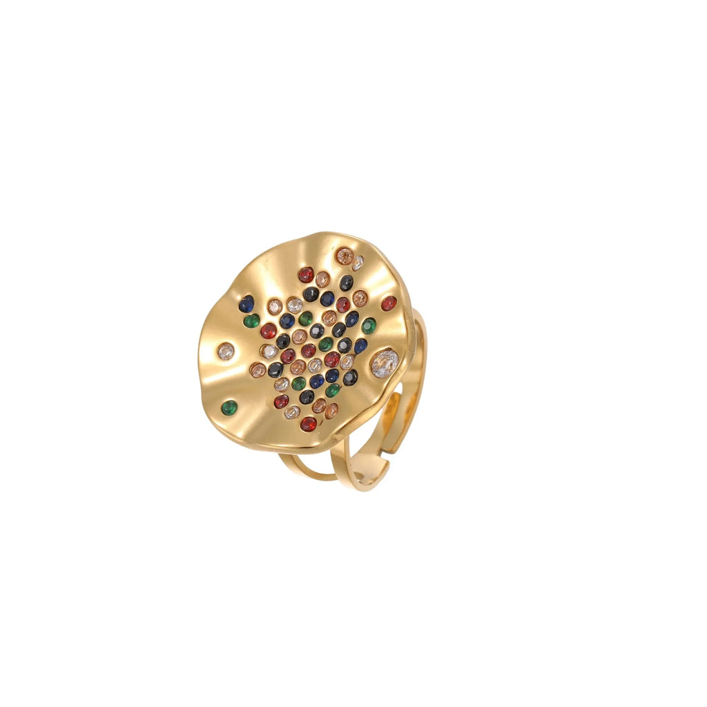 Geometric open mouth stainless steel ring with pleated setting and inlaid diamonds.