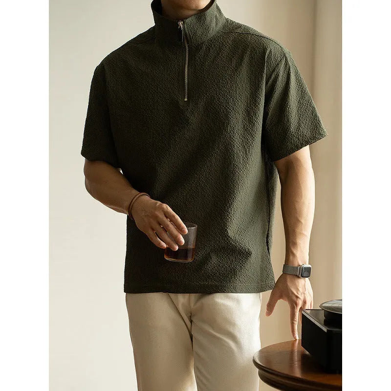 Men's cedar green ice silk short sleeve shirt with loose fit for summer leisure activities