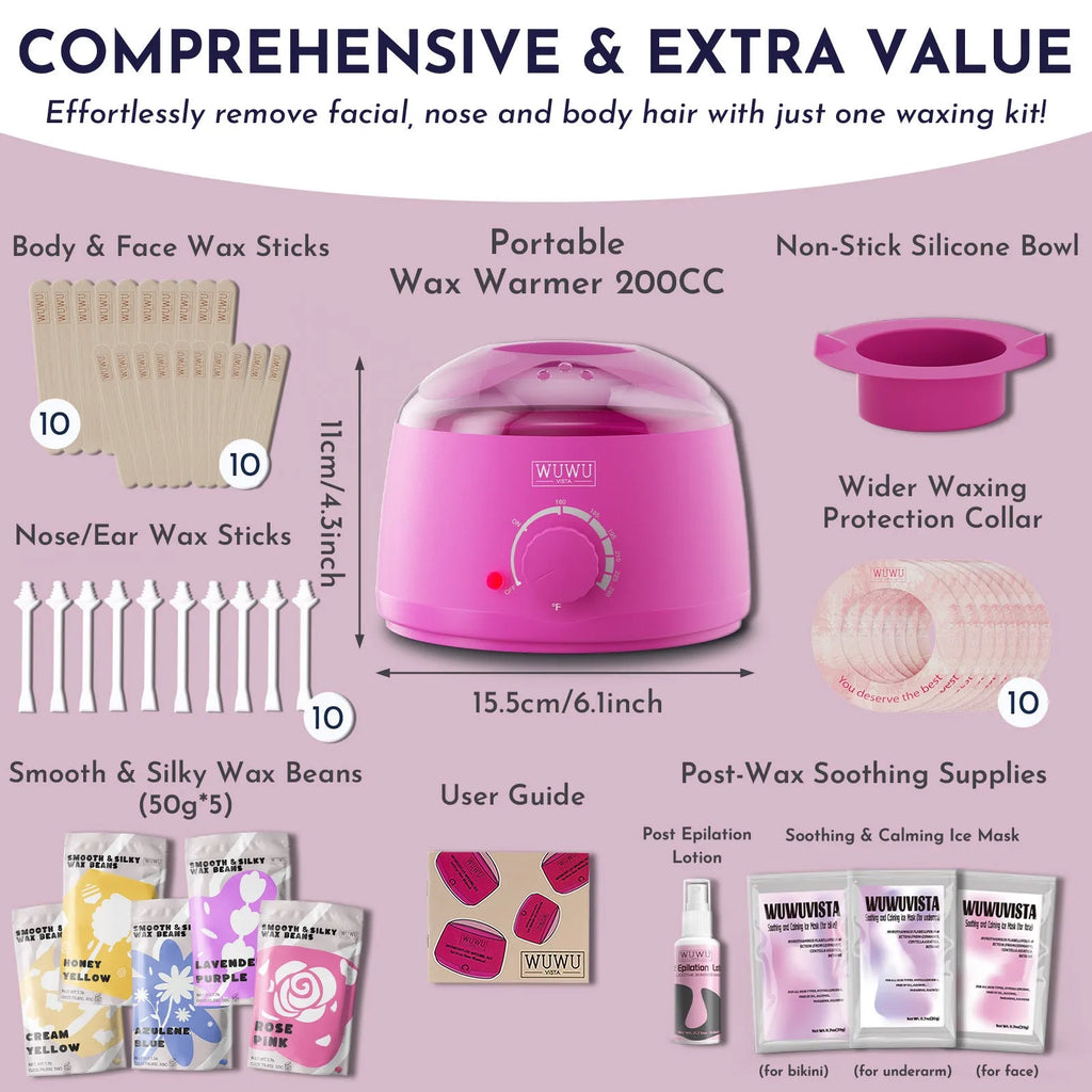 Waxing Set 52pc Professional Kit with hard wax beans, wax warmer, protection collar, and post-treatment lotion and ice masks for sensitive skin hair removal