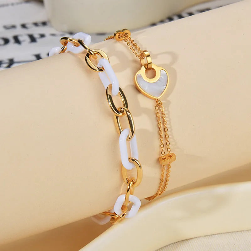 Women's stainless steel resin bracelet with double-layered loving heart design and electroplated finish