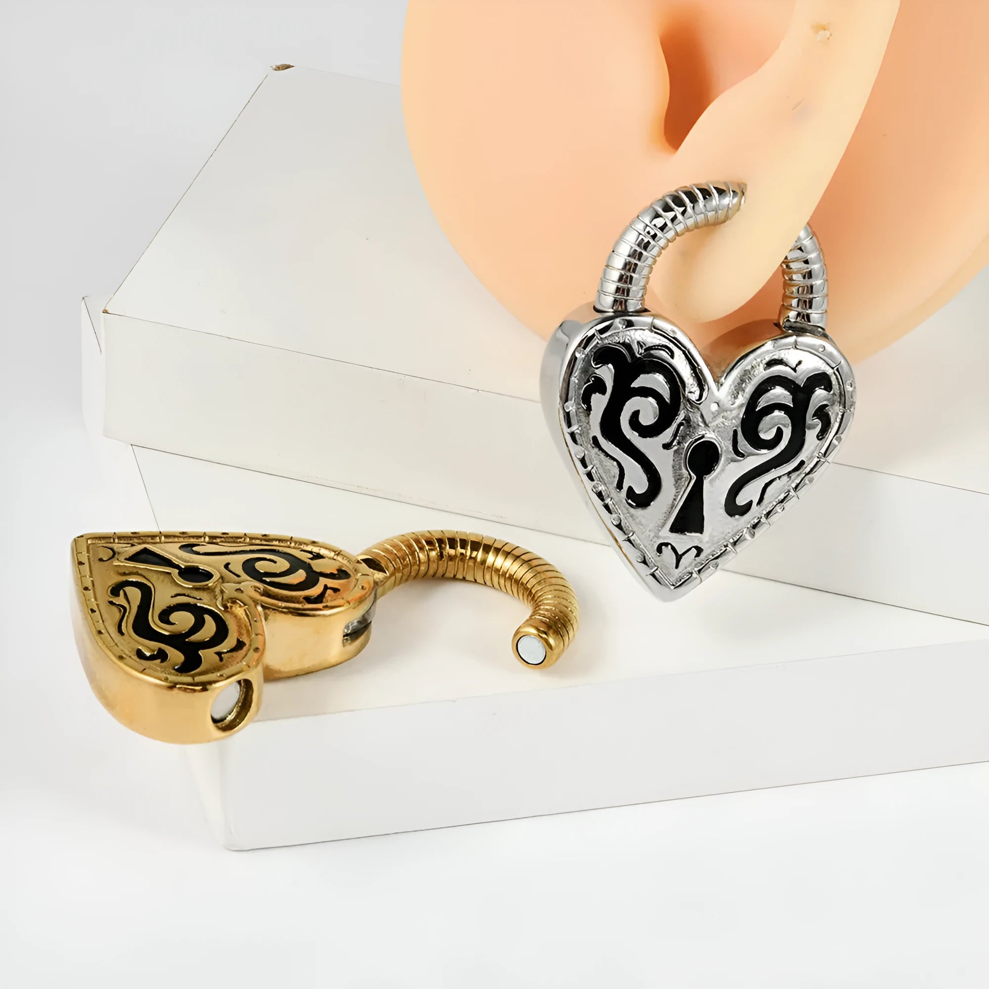 Heart-shaped stainless steel ear piercing studs with electroplated gold colour finish
