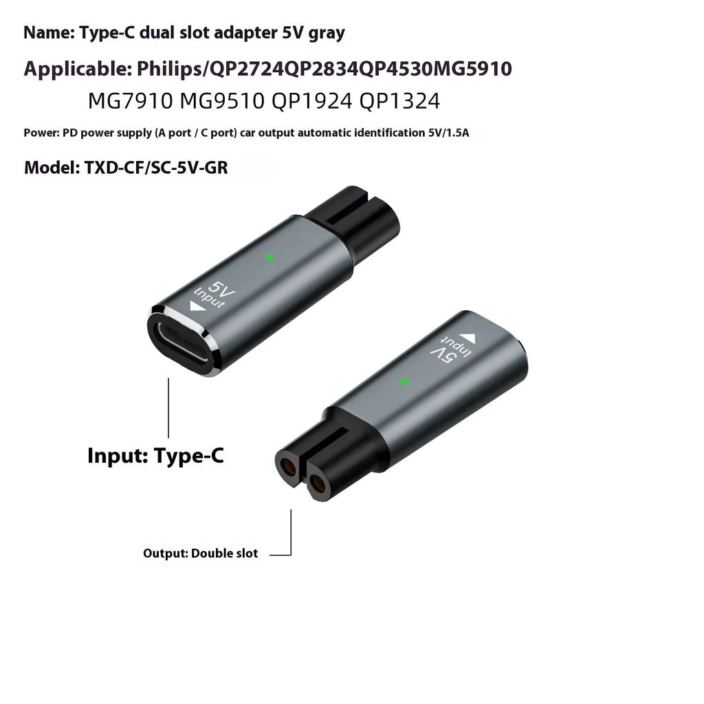 USB-C charging adapter for electric shavers with 8W power output and 4.3V voltage specification