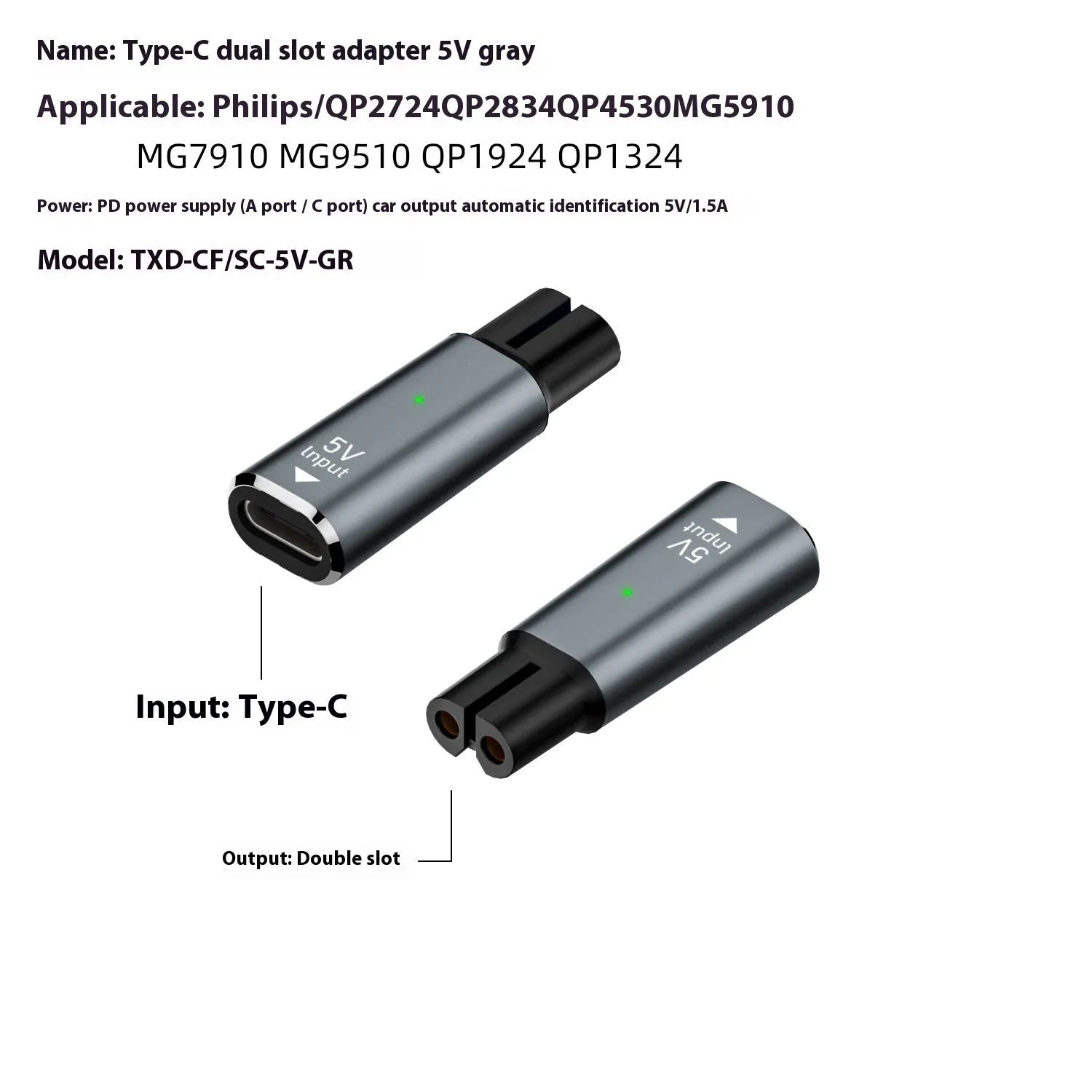 USB-C charging adapter for electric shavers with 8W power output and 4.3V voltage specification