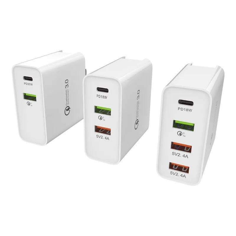 White fast charge charger with multiple USB ports for PD and QC 3.0 mobile phone charging