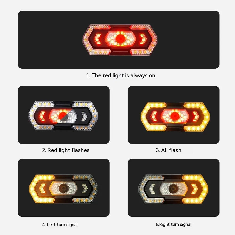 Black wireless remote control USB charging waterproof bicycle taillight with turn signals.
