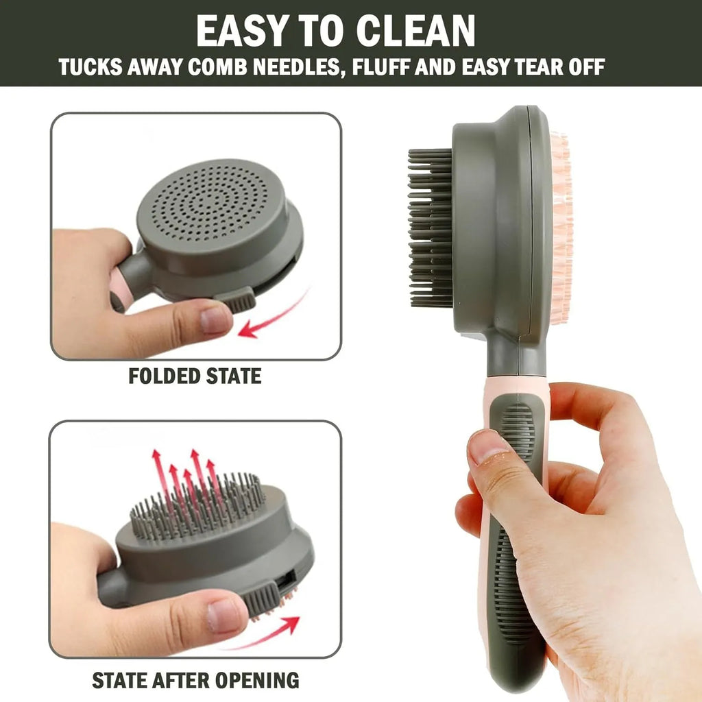 Double-sided cat brush with release button and flea comb in green or pink for grooming indoor cats