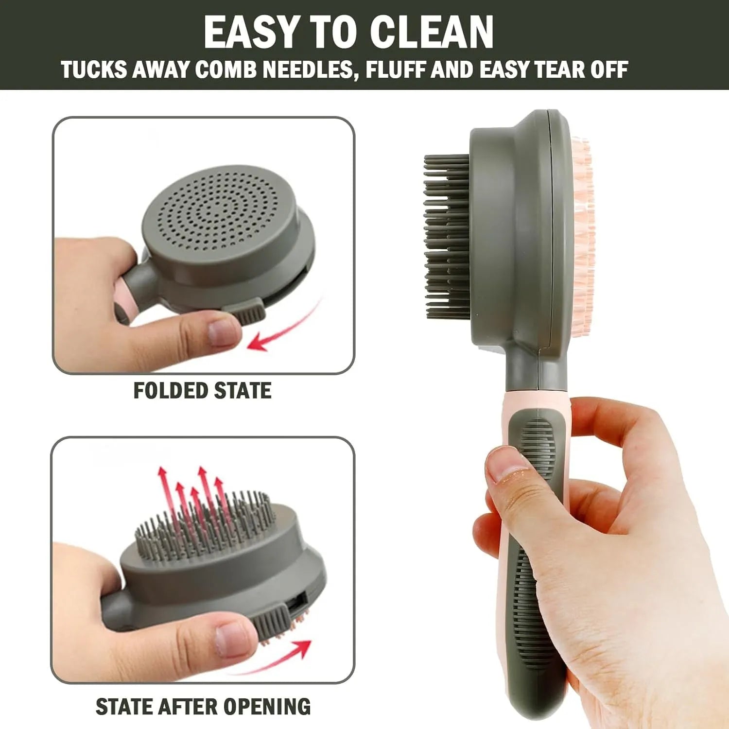 Double-sided cat brush with release button and flea comb in green or pink for grooming indoor cats
